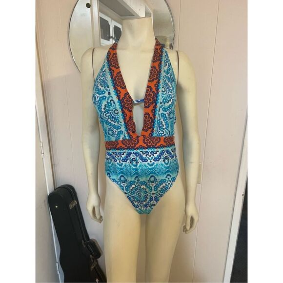 La Blanca All in the Mix Plunge Halter One-Piece Swimsuit S/M - Picture 2 of 7
